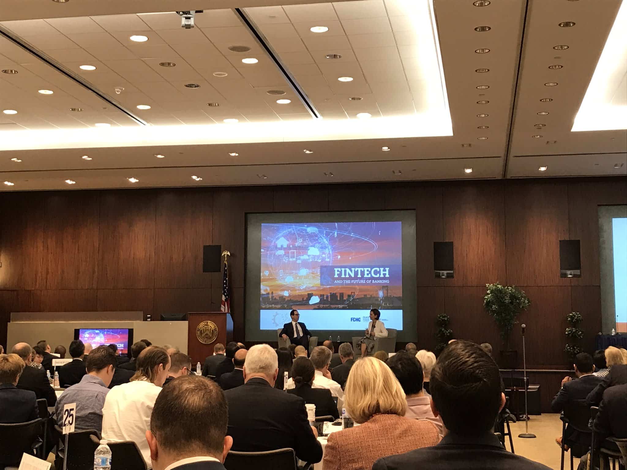U.S. Secretary of the Treasury Steven Mnuchin and FDIC Chairman Jelena McWilliams at the FDIC's Fintech and the Future of Banking conference in Washington, D.C.