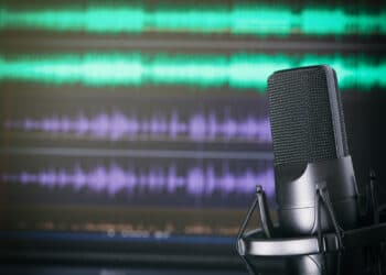 Microphone against background of sound waves