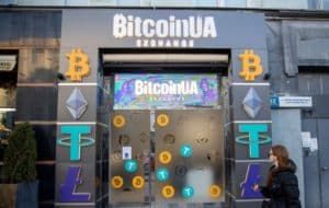 A Bitcoin cryptocurrency exchange store in Kyiv, Ukraine, on Feb. 15.
