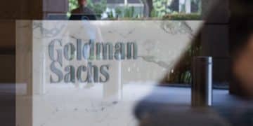 The Goldman Sachs Group Inc. logo is displayed in the reception area of the One Raffles Link building, which houses one of the Goldman Sachs (Singapore) Pte offices, in Singapore. Photographer: Nicky Loh/Bloomberg