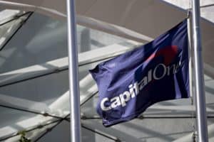 A flag displaying Capital One's logo