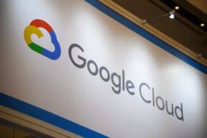 Signage for Google Cloud is displayed at the Google Inc. booth during the SoftBank World 2019 event in Tokyo, Japan, on Thursday, July 18, 2019. The founders of Southeast Asian ride-hailing giant Grab, indoor farming startup Plenty, Indian hotel chain OYO Rooms and payments service Paytm took the stage at an annual SoftBank conference to explain how artificial intelligence helps them stay on top in their respective fields.