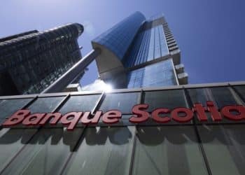 A Bank of Nova Scotia (Scotiabank) branch in downtown Montreal, Quebec, Canada, on Thursday, April 28, 2022. Five Canadian banks had their price targets cut an average of 6% at RBC Capital Markets on prospects that escalating macro risks could weigh on profits. Photographer: Christinne Muschi/Bloomberg