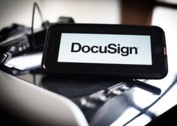 The Docusign Inc. logo on a smartphone arranged in Dobbs Ferry, New York, U.S., on Thursday, April 1, 2021. Photographer: Tiffany Hagler-Geard/Bloomberg