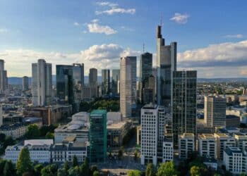 Skyscrapers stand on the financial district skyline in Frankfurt, Germany, on Wednesday, Sept. 2, 2020. Partly thanks to the governments stimulus program, German activity has staged a strong rebound after collapsing in the second quarter, and companies have turned slightly more optimistic that it will continue to accelerate into next year. Photographer: Alex Kraus/Bloomberg
