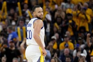 SAN FRANCISCO, CALIFORNIA - MAY 10: Stephen Curry #30 of the Golden State Warriors reacts after scoring during the fourth quarter against the Los Angeles Lakers in game five of the Western Conference Semifinal Playoffs at Chase Center on May 10, 2023 in San Francisco, California. NOTE TO USER: User expressly acknowledges and agrees that, by downloading and or using this photograph, User is consenting to the terms and conditions of the Getty Images License Agreement. (Photo by Thearon W. Henderson/Getty Images)