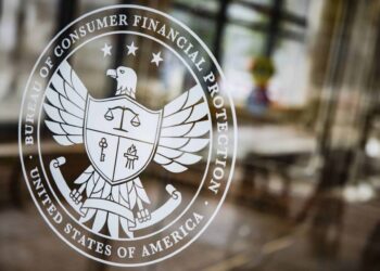 A seal at the Consumer Financial Protection Bureau (CFPB) headquarters in Washington, D.C., U.S., on Saturday, April 16, 2022. The Credit-reporting company TransUnion is an "out-of-control" repeat offender engaging in deceptive marketing practices the CFPB alleged this week after filing a lawsuit. Photographer: Samuel Corum/Bloomberg
