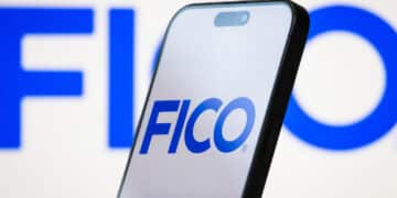 The Fair Isaac Corp. (FICO) logo displayed on a smartphone screen, on April 23, 2025.