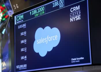 Salesforce Inc. signage on the floor of the New York Stock Exchange (NYSE) in New York, US, on Monday, April 20, 2026. A rally in oil drove stocks lower as a turbulent weekend in the Middle East cast doubt on prospects for peace talks between the US and Iran before their fragile ceasefire deal expires. Photographer: Michael Nagle/Bloomberg