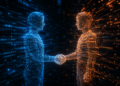 Two people, who are made of data streams, shake hands