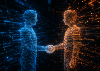 Two people, who are made of data streams, shake hands