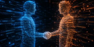 Two people, who are made of data streams, shake hands