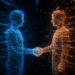 Two people, who are made of data streams, shake hands