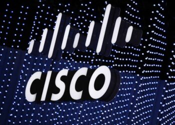 Cisco logo on a wall of lights