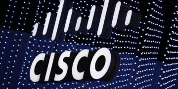 Cisco logo on a wall of lights