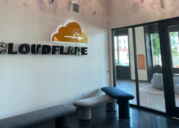 Interior of a Cloudflare office building with signage