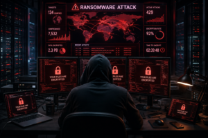 A shadowy figure sits in front of multiple computer screens to commit a ransomware attack