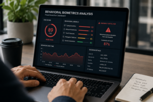 on a laptop screen, behavioral biometrics are analyzed to detect fraud