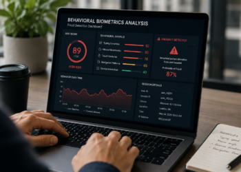 on a laptop screen, behavioral biometrics are analyzed to detect fraud