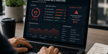 on a laptop screen, behavioral biometrics are analyzed to detect fraud