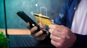 Someone making a mobile payment with a credit card with images of a lock, a bank, a shopping cart, etc., laid over the image