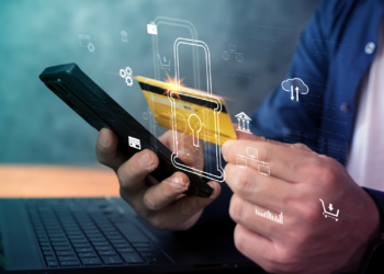 Someone making a mobile payment with a credit card with images of a lock, a bank, a shopping cart, etc., laid over the image