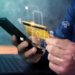 Someone making a mobile payment with a credit card with images of a lock, a bank, a shopping cart, etc., laid over the image