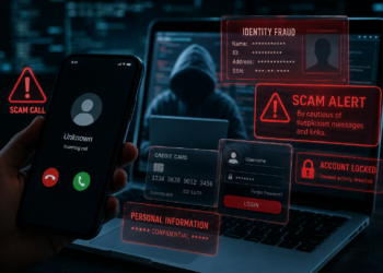 Alerts popping up on a digital screen warning of identity fraud, scams, account takeovers, credit card fraud, etc.