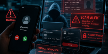 Alerts popping up on a digital screen warning of identity fraud, scams, account takeovers, credit card fraud, etc.