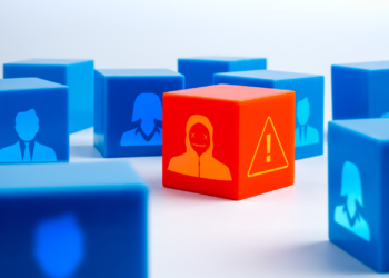Multiple blue cubes showing the silhouettes of people, with one red cube showing a silhouette wearing a mask and with an alert symbol