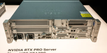 The Nvidia RTX PRO Server Cisco UCS XE130C displayed on the exhibition floor at the Nvidia GTC conference in San Jose, California, US, on Tuesday, March 17, 2026. Nvidia Corp. Chief Executive Officer Jensen Huang said the company is firing up manufacturing of H200 AI accelerators for customers in China, a sign of progress in the chipmakers effort to reenter the vital market. Photographer: David Paul Morris/Bloomberg