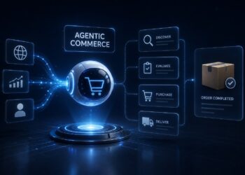 A futuristic AI agent autonomously manages product discovery, evaluation, purchase and delivery