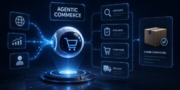 A futuristic AI agent autonomously manages product discovery, evaluation, purchase and delivery