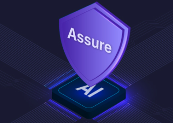 A shield with "Assure" written on it hovers above a microchip that has "AI" written on it