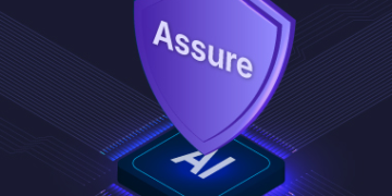 A shield with "Assure" written on it hovers above a microchip that has "AI" written on it