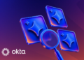A magnifying glass looking closely at three AI agent symbols, with the Okta logo in the corner