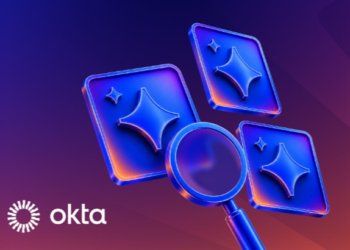 A magnifying glass looking closely at three AI agent symbols, with the Okta logo in the corner