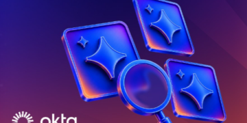 A magnifying glass looking closely at three AI agent symbols, with the Okta logo in the corner