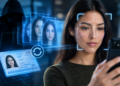A figure in black in the background reuses a woman's photo to trick identity verification checks