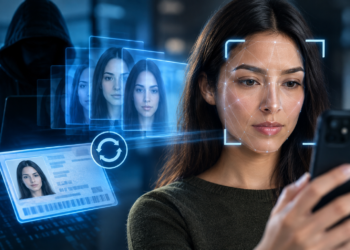A figure in black in the background reuses a woman's photo to trick identity verification checks