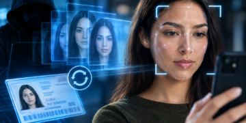 A figure in black in the background reuses a woman's photo to trick identity verification checks
