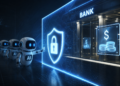 A bank's firewall, with a shield and padlock on it, separate AI agents from money