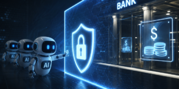 A bank's firewall, with a shield and padlock on it, separate AI agents from money