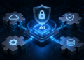 Glowing blue shield and padlock above an AI chip, surrounded by connected metallic puzzle pieces
