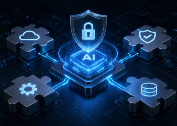 Glowing blue shield and padlock above an AI chip, surrounded by connected metallic puzzle pieces