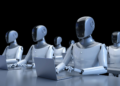 Several AI agents, depicted as robots, sitting with laptops at desks
