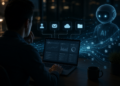 A shadowy AI agent works behind a person's computer