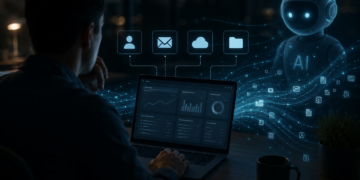 A shadowy AI agent works behind a person's computer